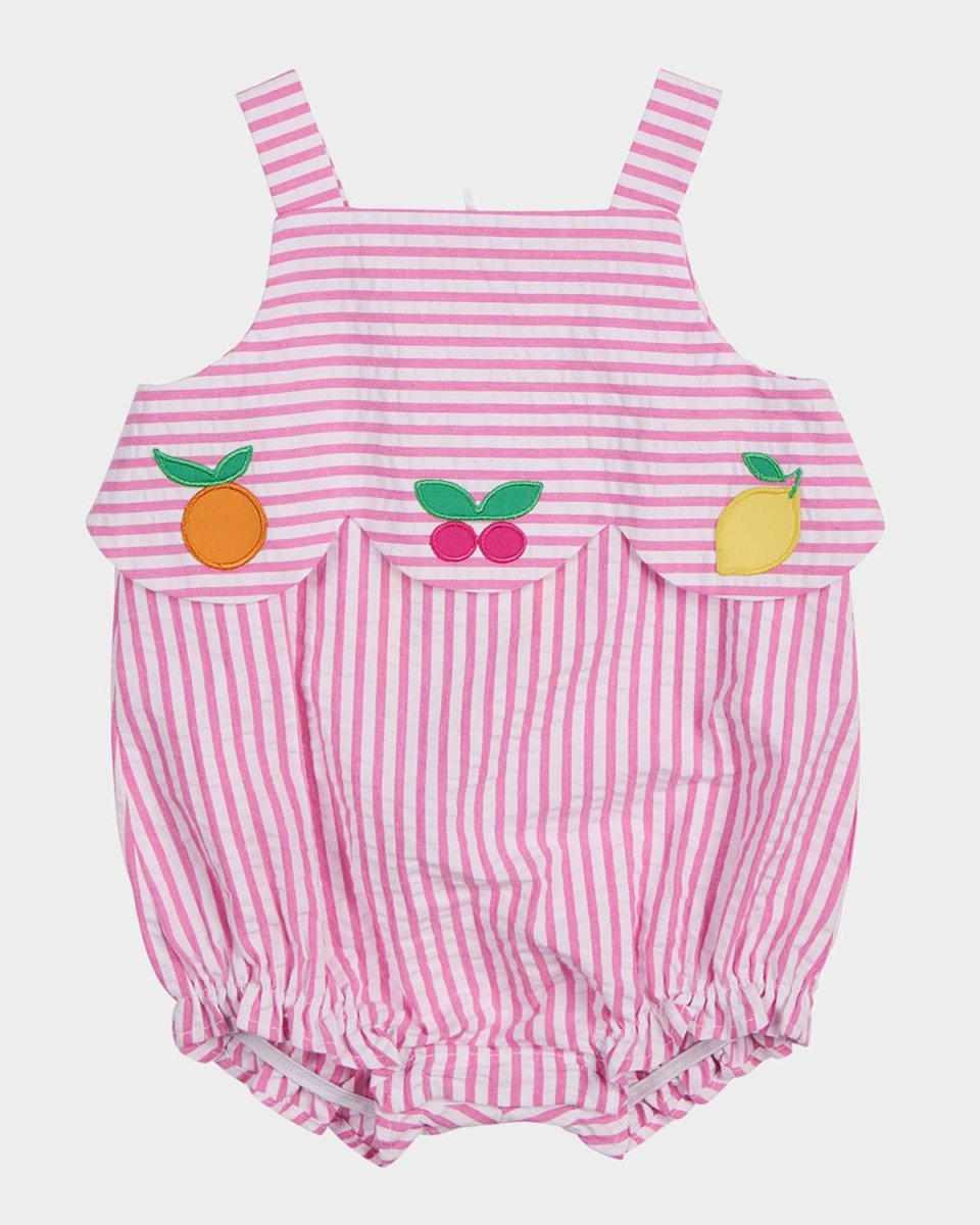 Girl's Fruit Applique Two-Tone Seersucker Romper, Size 3M-